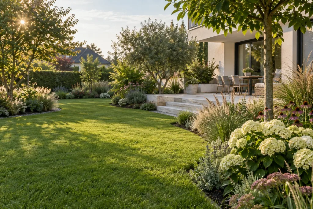 Gepflegter Garten mit Terrasse – illustrative Darstellung